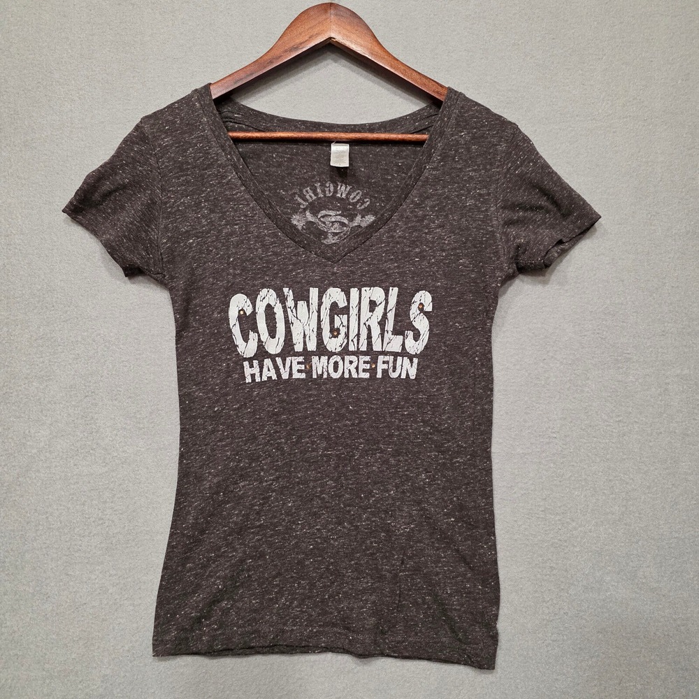 Cowgirls Have More Fun Womens Short Sleeve Black V‎ Neck Pullover Shirt Size Sm